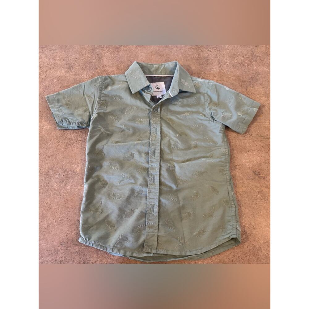 Craft + Flow Sage Green Short Sleeve ButtonDown Shirt Dinosaur Print Boys 5